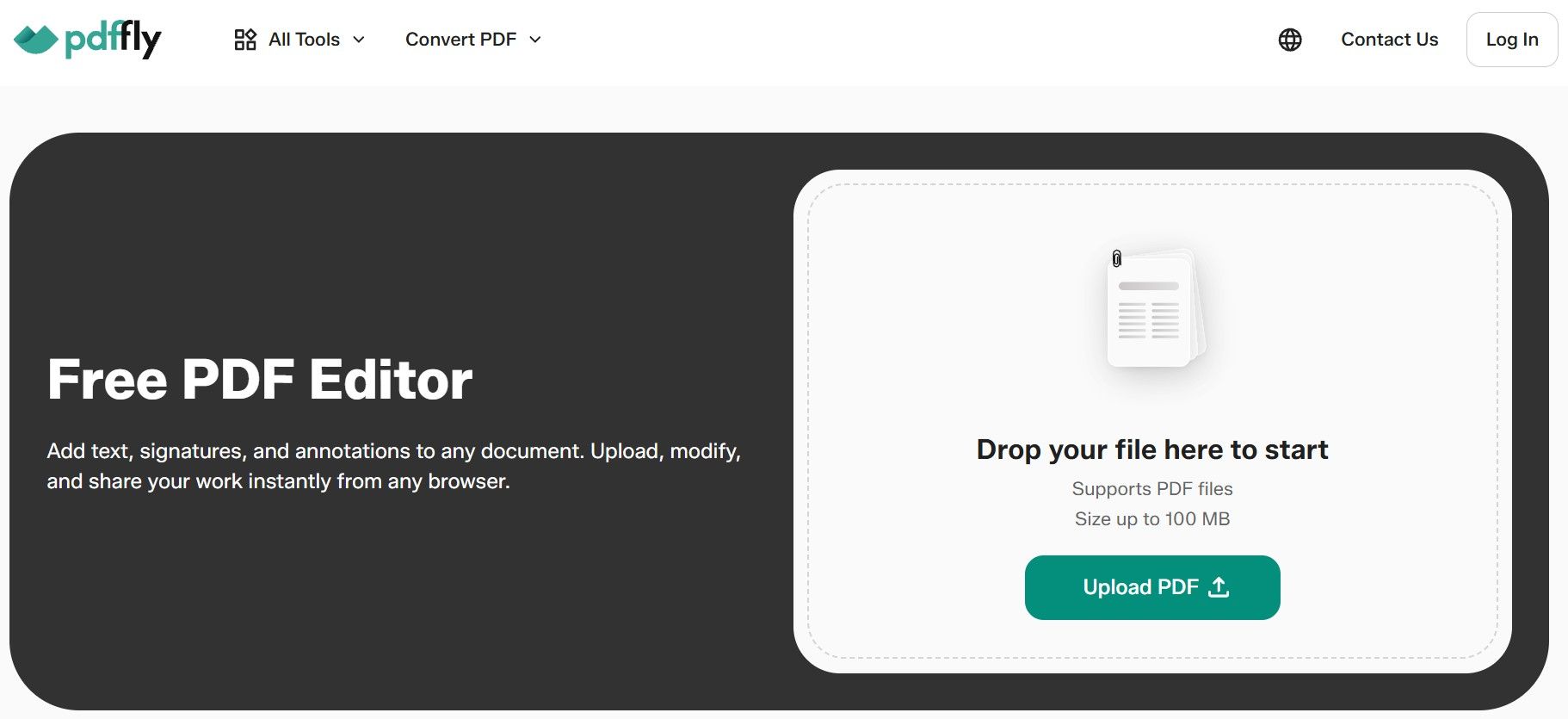 PDFFly Free PDF Editor with upload area