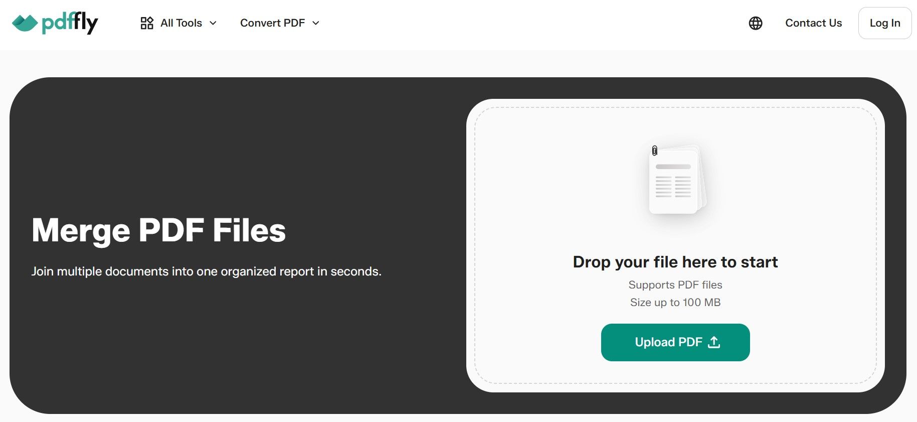 PDFFly Merge PDF tool interface for combining documents and adding new pages