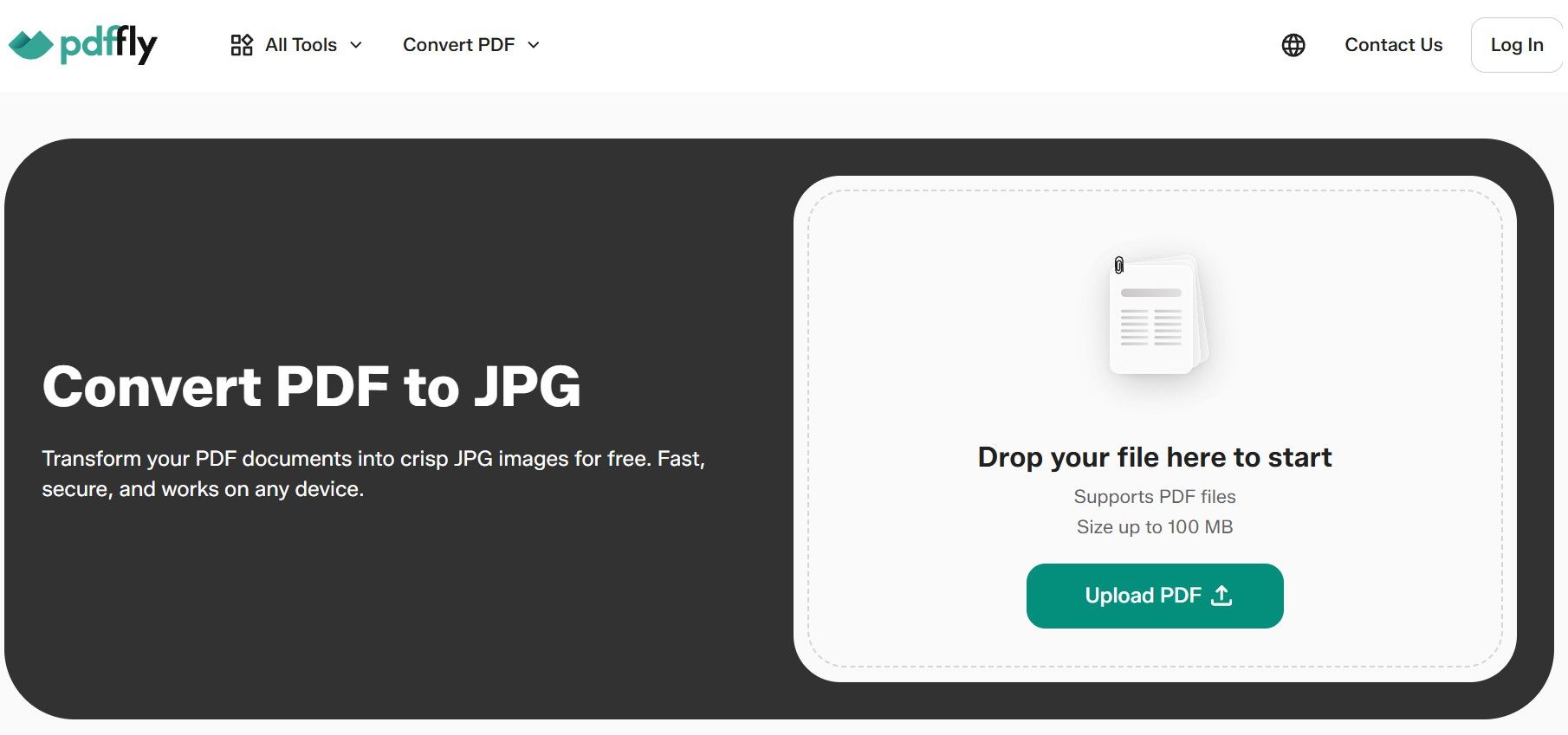 PDFFly online tool interface for converting PDF pages to JPG images
