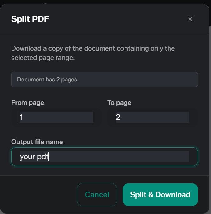 Selecting a specific page range to extract in the PDFFly Split PDF tool