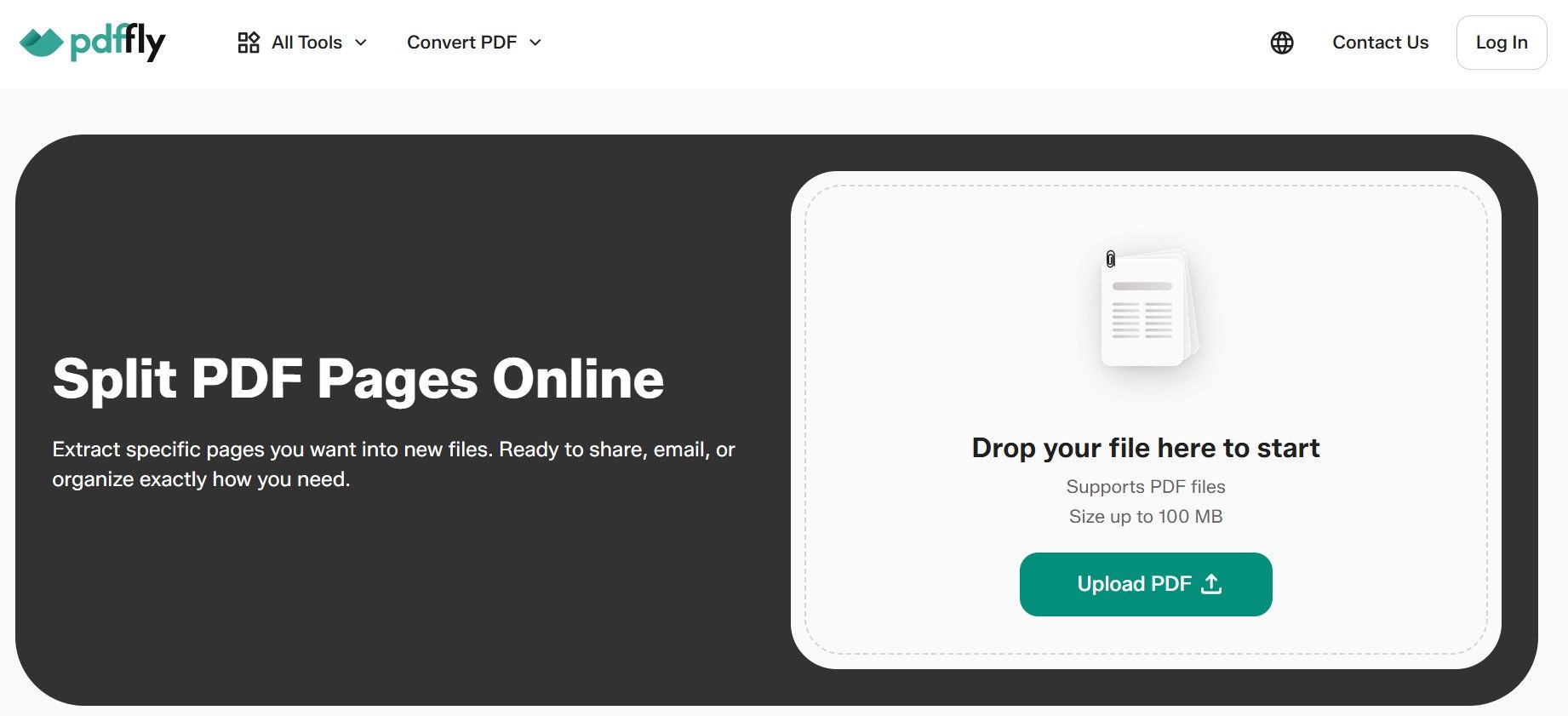 PDFFly Split PDF tool interface for extracting specific pages from a document