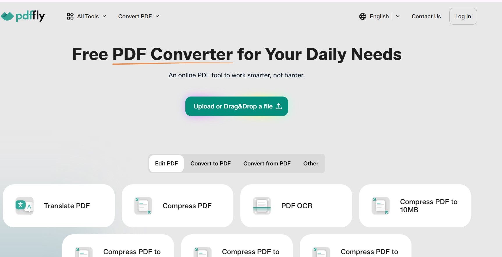 PDFFly homepage showing the upload area to insert an image into a PDF